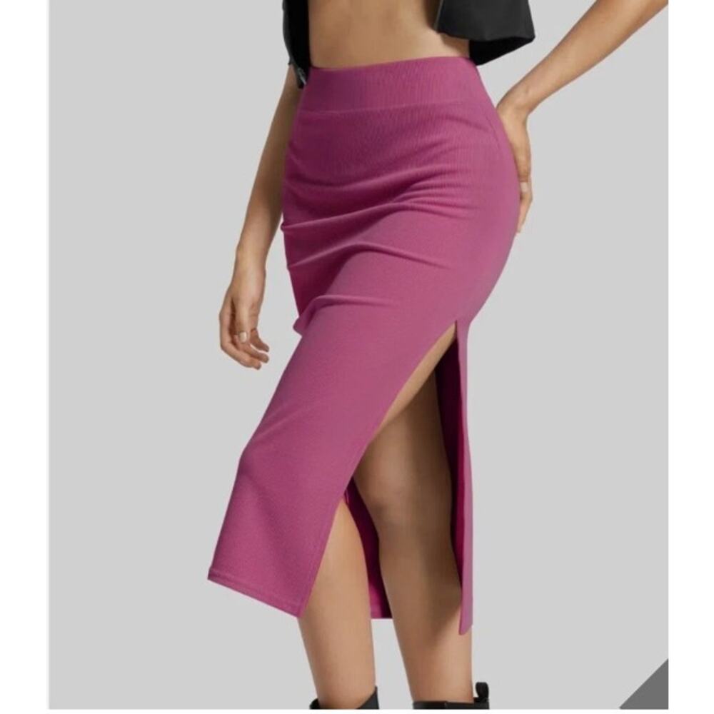 HALARA Ribbed High Waisted Split Bodycon Midi Casual Skirt Purple S